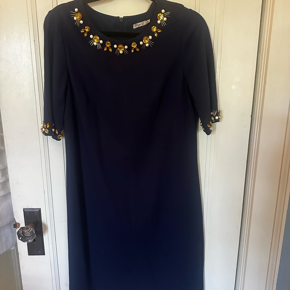 Eliza J Navy Midi Dress with Gold Jewel Trim